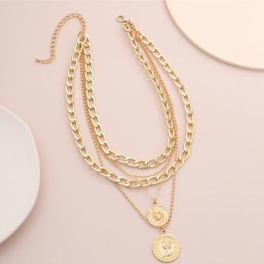 Imagem de Colares de corrente em camadas modernos para mulheres – Conjunto de colar com pingente de moeda grosso e delicado 5 em 1 com fecho lagosta