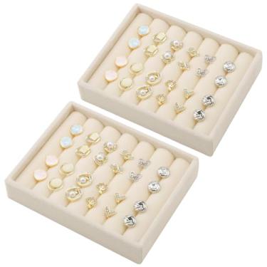 Imagem de Ewen 2 mini bandejas de anel empilháveis para gavetas, estojo de exibição de veludo de 12 x 9,5 x 2,5 cm com 7 compartimentos, pequeno suporte de anel bege para armazenamento e exibição de vários
