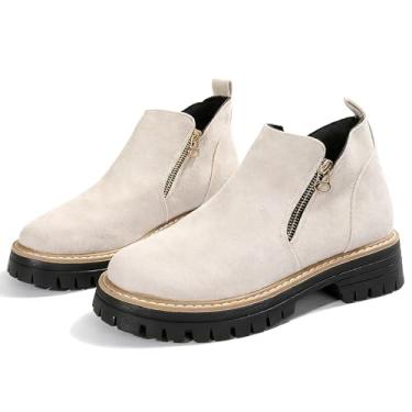 Imagem de BANGTEUO Botas femininas de salto grosso, de camurça, confortável, plataforma, sola redonda, botas curtas com zíper lateral, sapatos vintage casuais, Bege, 37