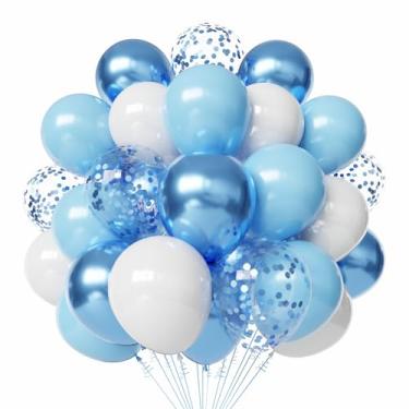 Imagem de Balões de látex azul e branco, 60 peças de balões de confetes metálicos cromados azuis e brancos com 1 fita para chá de panela, aniversário, decorações de festa de chá de bebê