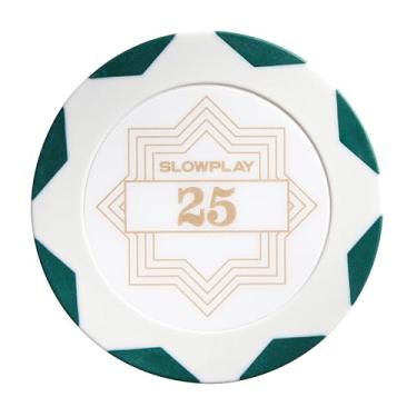 Imagem de SLOWPLAY Nash Clay Poker Chips White Gold Edition, composto de argila pesada de 14 gramas, fichas grandes de 40 mm a granel, pacote com 50 com denominação de 25