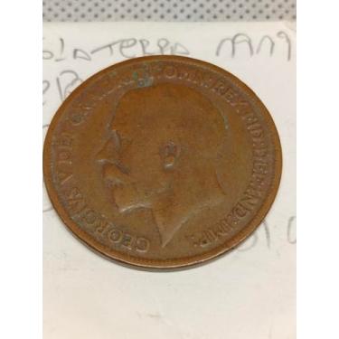 Imagem de Moeda Histórica da Inglaterra, One Penny 1919, Bronze, Rei George V, Estado de Conservação MBC, Peça de Coleção Circulada