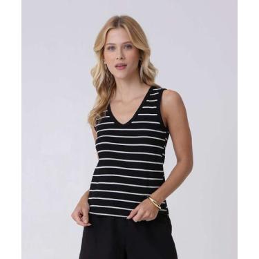 Imagem de Blusa Feminina Listrada Sem Manga Marisa-57023, PP, Preto