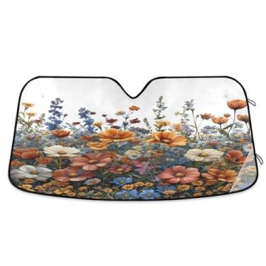 Imagem de ATTX Para-brisa de carro de flores silvestres em aquarela 144.8 cm x 80.0 cm escudo solar universal com proteção UV, persiana de janela frontal automática dobrável para caminhões Sedans SUVs #416