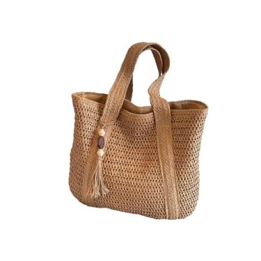 Imagem de QWINEE Sacolas femininas de tecido de palha grande capacidade para compras de praia bolsa de ombro bolsa de praia de verão, Caqui, one_size