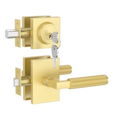 Imagem de Asidrama Conjunto de fechadura de porta frontal de liga de zinco dourado premium: fechadura de cilindro duplo, maçaneta de segurança resistente para portas externas esquerda/direita, fechaduras de