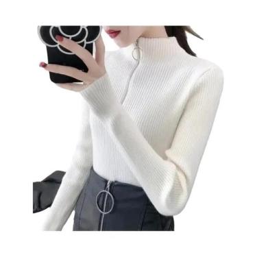 Imagem de Suéter Feminino De Tricô Gola Alta Slim Com Zíper Pulôver Básico Sólid