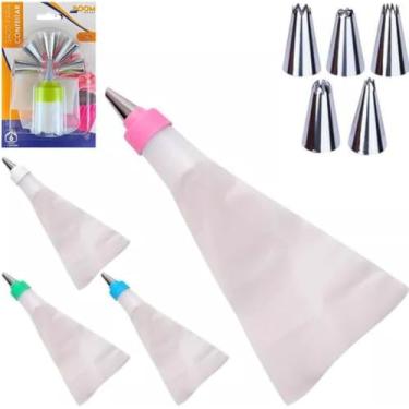 Imagem de Jogo de Confeiteiro Com 6 Bicos Diferentes Saco de Silicone Adaptador Matriz Bisnaga para Decoração de Bolos Cupcakes e Tortas