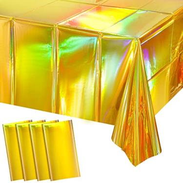 Imagem de Pacote com 4 toalhas de mesa de plástico iridescente douradas, brilhantes, descartáveis, retangulares, toalhas de mesa holográficas, decorações de festa iridescente, aniversário, casamento, Natal, 137