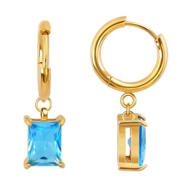 Imagem de FANSING Brincos de aniversário femininos com pingente de gota, brincos de baguete, pedra do mês de nascimento, aço cirúrgico, banhado a ouro 18 k, one size, Metal, Sem pedra preciosa