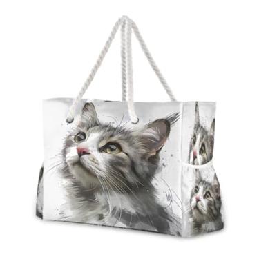 Imagem de Wassud Bolsa de praia feminina grande para gatos aquarela, impermeável, à prova de areia, bolsa de viagem com zíper e bolso para piscina, academia, acampamento
