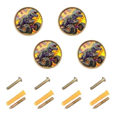 Imagem de CEBUGI Conjunto de 4 puxadores de armário de desenho animado de dinossauro e caminhão puxadores de gaveta redondos com parafusos puxadores de armário de cozinha para gaveta porta guarda-roupa cômoda