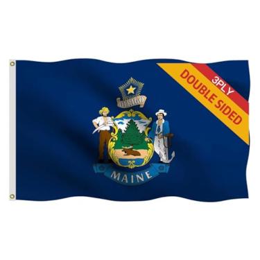 Imagem de Bandeira dupla face do estado do Maine 15 x 3 pés, bandeira do estado ME, bandeiras de poliéster durável resistente 100D 3PLY com camada interna e anel de latão resistente. Decoração de cores vivas ao