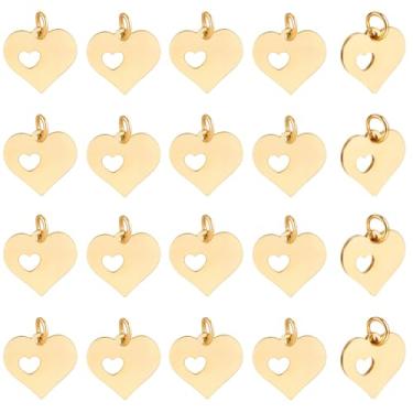 Imagem de Beebeecraft 1 caixa, 24 peças, pingentes de coração, banhado a ouro 18 K, aço inoxidável 304, coração plano com pingente de amor vazado para fazer joias, artesanato, pulseira, colar, pingente de dia