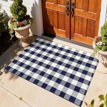 Imagem de Fixseed Tapete xadrez para ambientes externos, 10 x 15 cm, lavável, azul-marinho e branco, tapete quadriculado, tapete de algodão para corredor, sala de estar, sala de jantar, quarto, pátio, casa de