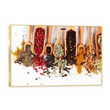 Imagem de NHLDZYH Moldura dourada. Arte de parede em tela de especiarias coloridas e colher de tempero | Decoração de cozinha vintage | Arte moderna para casa e sala de jantar. B07. 80 x 120 cm - 31,5 x 47,3
