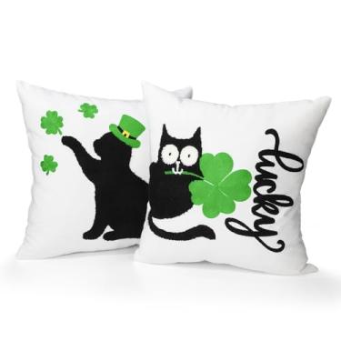 Imagem de Gilprop 2 peças de capas de almofada de dia de São Patrício 45 x 45 cm chapéu de duende verde trevo preto gato preto capa de almofada de trevo de dia de São Patrício para sofá cama decoração de sala