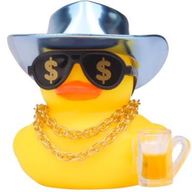 Imagem de CoFuBcad Decoração de painel de pato de borracha, decoração de pato amarelo de carro engraçado com colar de chapéu de caubói óculos de sol, mini instrumento para acessórios legais de carro