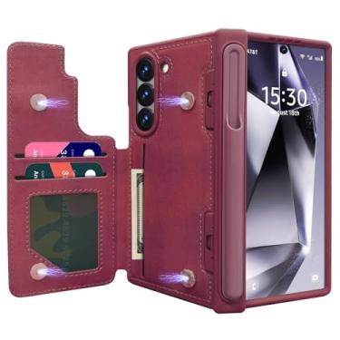 Imagem de KJSK Capa para Samsung Galaxy Z Fold 6, com suporte para cartão com bloqueio RFID e compartimento para caneta, capa de cartão de couro PU de luxo e elegante para Galaxy Z Fold 6 (Borgonha)
