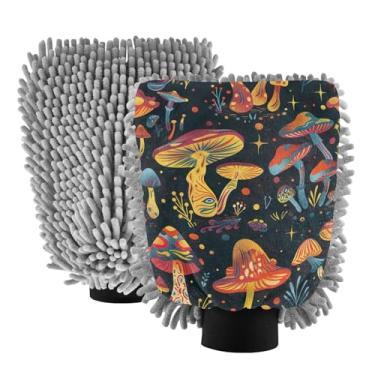 Imagem de ODAWA Pacote com 2 luvas de lavagem de carro cogumelos psicodélicos de desenho animado, espuma de chenille, sem riscos 18 x 26 cm