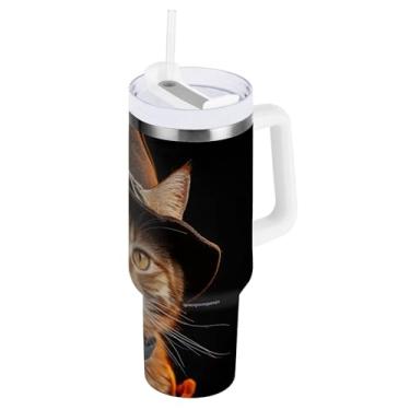 Imagem de ODAWA Copo de água marrom caubói gato grande com alça e tampa de palha, copo isolado a vácuo