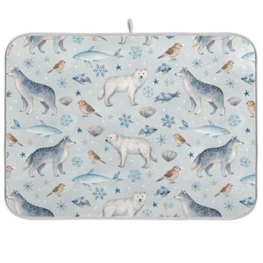 Imagem de Animais tapetes de secagem de louças azuis, tapete absorvente de café 45 x 61 cm, tapete de escorredor de pratos, reversível para balcão de cozinha, decoração de casa de férias