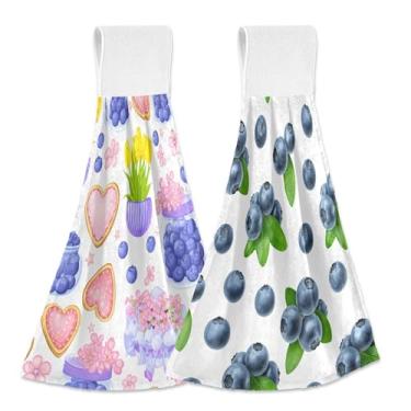 Imagem de SEHANY Toalhas de cozinha de mirtilo de frutas toalha de mão pendurada com laço e gancho, 2 peças de toalhas de mão absorventes macias para banheiro cozinha decoração de bar de chá