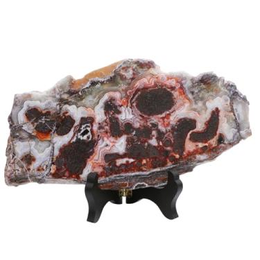 Imagem de Rockcloud Laje de ágata mexicana natural com suporte de madeira, amostra de fatia de ágata irregular para exibição de mesa de escritório em casa, 4 a 450 g