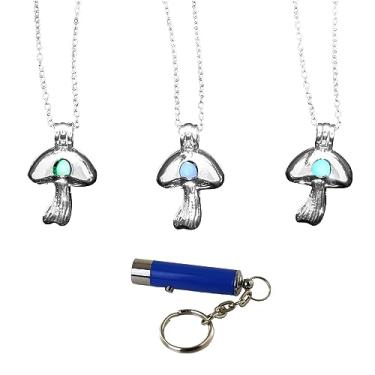 Imagem de AlterImage Colares de cogumelo que brilham no escuro, pacote com 3, joias luminosas, verde, azul e azul celeste, inclui luz UV, Adult, Liga de zinco
