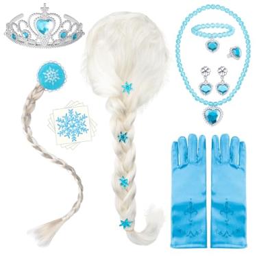 Imagem de Aoocoeo Conjunto de acessórios de fantasia de princesa para meninas, rainha do gelo, kit de joias e cabelo, peruca trançada, coroa, luvas, colar, pulseira, brincos, anel, floco de neve, adesivos