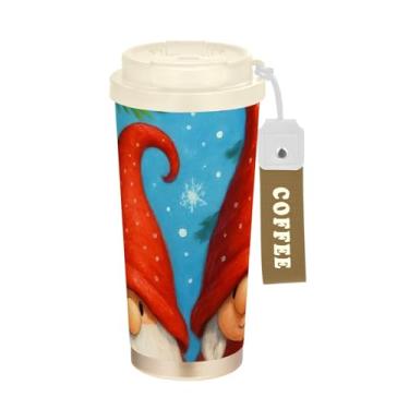 Imagem de TSENQUE Copo de café de viagem 473 ml com canudo e tampa de filme, revestimento cerâmico, isolamento a vácuo, aço inoxidável, copo de café à prova de vazamento, gnomos vermelhos de Natal fofos