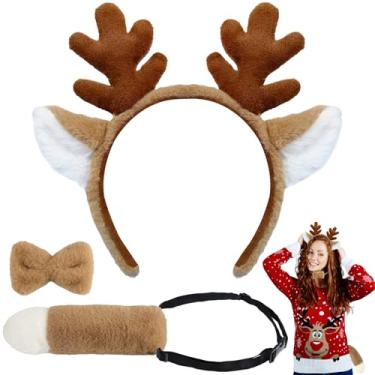 Imagem de Beviliu Conjunto de 3 peças de tiara e cauda de chifres de veado para mulheres e homens, chifres de rena fofos, faixa de cabeça para Halloween, Natal, cosplay, lavagem de maquiagem, adultos