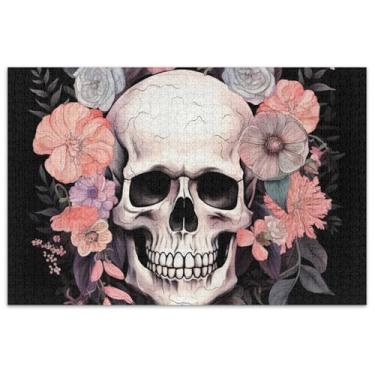 Imagem de Quebra-cabeças engraçados com flores de crânio, 1000 peças, pintura artística para adultos, quebra-cabeças únicos divertidos e bobos