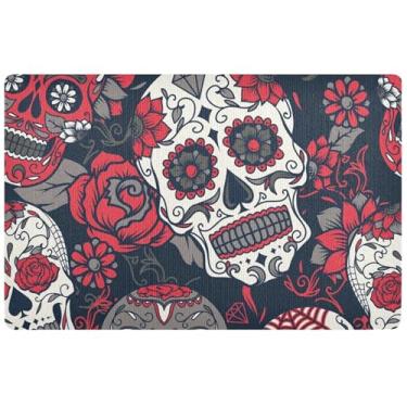 Imagem de Capacho divertido de caveira personalizado rosa fofo outono tapete de porta frontal bem-vindo tapete de porta exterior interior para entrada 81 x 50 cm