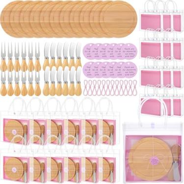 Imagem de LemonRoad 12 peças prêmios de chá de bebê rosa para vencedores de jogos tábua de queijo de madeira colher garfo espalhador de manteiga obrigado por tomar banho nossos bebês com amor bolsa de presente