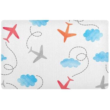 Imagem de TSENQUE Tapete personalizado de aviões com nuvens, tapete absorvente fofo e lamacento, tapetes grandes para porta de entrada de casa, à prova d'água, 81 cm x 50 cm