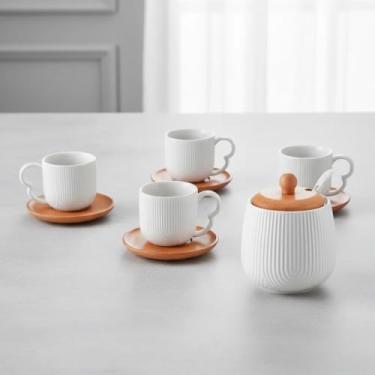 Imagem de Kit Oásis Açucareiro + 4 xicaras 90ml em Cerâmica com Pires em Bambu Branco