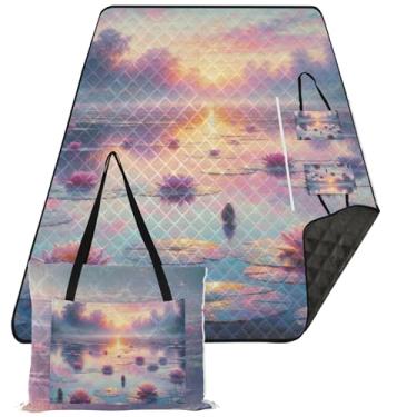 Imagem de TSENQUE Tapete dobrável com estampa de lírio aquático Scenic Lotus Cobertor de praia à prova de areia Cobertor de praia impermeável para grama, 203 x 152 cm