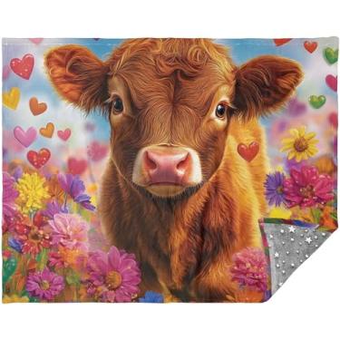 Imagem de TSENQUE Lindas flores de bezerro Highland Cobertores rosa e mantas para sofá 177,8 cm x 139,7 cm Cobertores de sofá para mulheres homens cinza cobertor de sofá personalizado