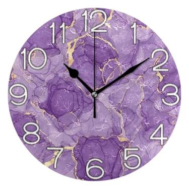 Imagem de GAIGEO Relógio de parede analógico decorativo operado por bateria silencioso relógio de cozinha rústico, sala de estar decoração de parede moderna estética ouro roxo, 25 cm, ponteiros pretos