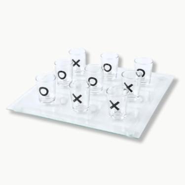 Imagem de Jogo da Velha com Copos de Shot em Vidro 25x25cm – 9 Peças | Tabuleiro de Vidro com Pés Emborrachados, Ideal para Festas, Presente Criativo, Brincadeiras com Bebida e Jogos para Adultos