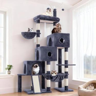 Imagem de Hey-brother Torre de árvore para gatos, postes para arranhar com 3 condomínios, cesta grande, cama aconchegante, tábua de sisal, caminho de escalada passo a passo e brinquedos, móveis de 190 cm para