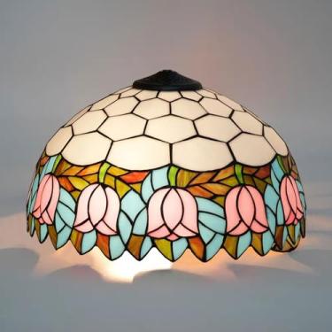 Imagem de Cúpula de abajur de 40 cm (16 polegadas) em formato de tulipa, estilo Tiffany com estampa floral em vitral, design tradicional antigo. Apenas a cúpula para luminárias de mesa, pendentes e de