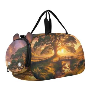 Imagem de Bolsa de viagem azul para meninas com bola de tênis, bolsa de viagem para o fim de semana, academia, bolsa de mão para meninos, Pôr do sol na paisagem, Clássico