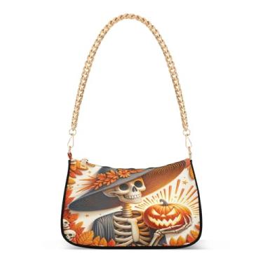 Imagem de Bolsa de ombro de abóbora laranja esqueleto, bolsa de mão com alça de corrente, bolsa feminina Hobo Clutch para festas e uso diário