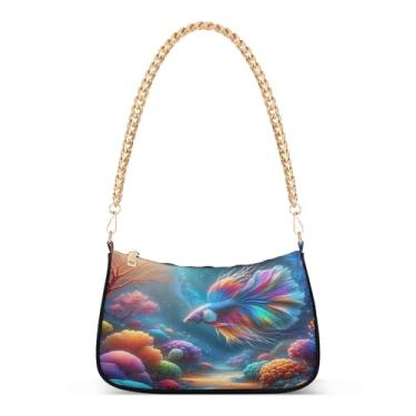 Imagem de Bolsa de ombro com corrente de ombro com desenho animado de peixes coloridos, bolsa de mão Hobo feminina artística para uso diário e festa