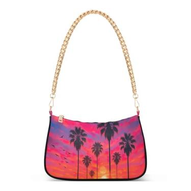 Imagem de Bolsa de ombro com corrente vermelha, palmeira, aquarela, pôr do sol, bolsa feminina moderna Hobo, bolsa artística para noite
