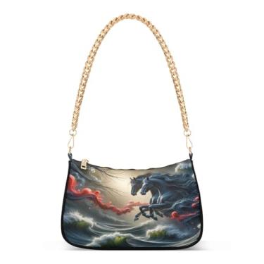 Imagem de Bolsa de ombro Black Horses Waves Anime, bolsa de mão Hobo média artística, bolsa clutch moderna para mulheres
