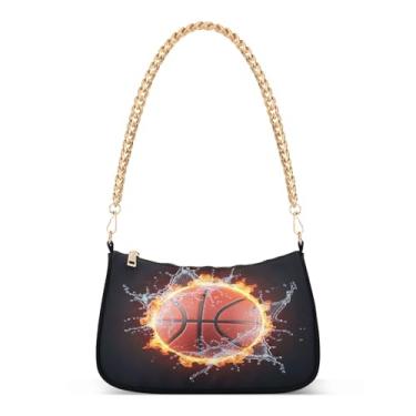 Imagem de Bolsa de ombro de corrente preta de basquete Fire Splash, bolsa de mão média moderna para mulheres, Hobo Evening Clutch com grande capacidade