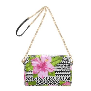 Imagem de Joitme Bolsa tiracolo feminina hibisco flores rosa preto branco bolsa de celular couro PU bolsa de ombro alça de corrente